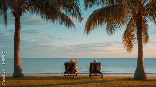 Rear view of a couple relaxing on lounge chairs by a tropical beach, watching the serene ocean view framed by palm trees at sunset.