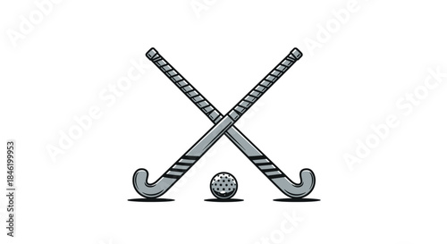 Minimalist illustration of crossed field hockey sticks and a dimpled ball in grey tones, an emblem for the fast-paced field sport.