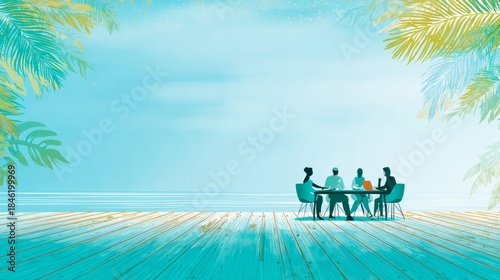 Business team collaborating at a table on a wooden deck by the tropical ocean, framed by palm leaves, with vibrant colors and expansive copy space in a professional outdoor setting.