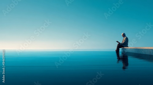 Senior man reading a digital tablet while sitting on an infinity pool edge, feet dipped in water, overlooking a serene ocean and clear blue sky.