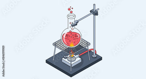 A chemistry experiment shows a round-bottom flask containing a red liquid boiling over a Bunsen burner, held by a clamp on a retort stand.