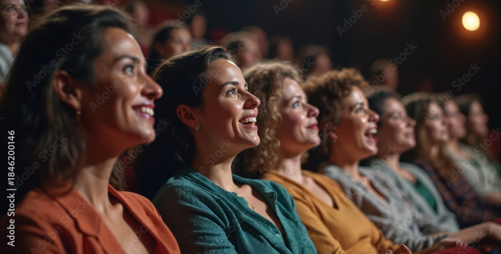 Fototapeta premium Diverse women audience reacts with joy and laughter during live theatre performance. People share communal emotion watching play on stage. Enjoyment fills seats.