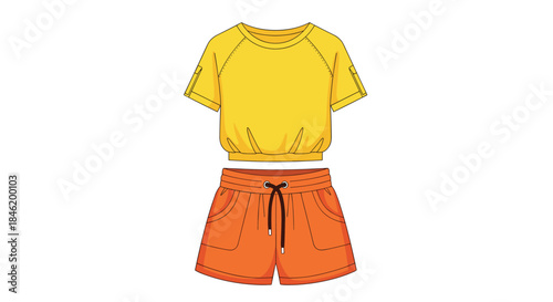 A casual yellow short-sleeve top with raglan sleeves and an elastic hem is paired with comfortable orange drawstring shorts, perfect for active or lounge wear.