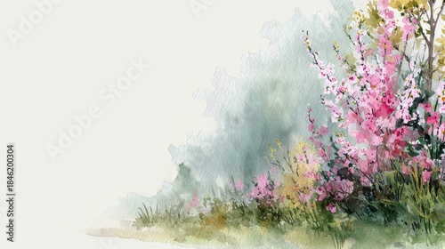 Soft watercolor painting of pink and yellow spring flowers blooming in a tranquil garden with ample copy space.