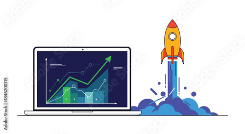 Laptop displaying a business growth chart alongside a launching rocket symbolizing rapid success and startup development.