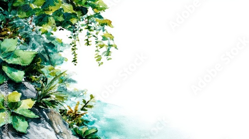 Vibrant watercolor painting of lush green foliage and plants growing on a rocky cliff with ample white copy space, showcasing natural beauty and fresh botanical elements.