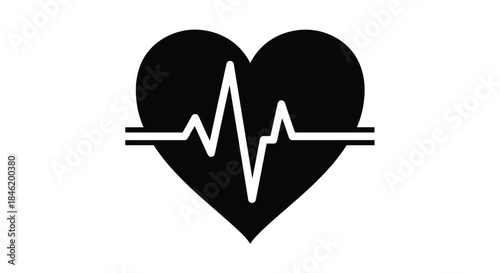 Heartbeat monitor within a black heart shape on a white background, symbolizing health, cardiology, and vitality.