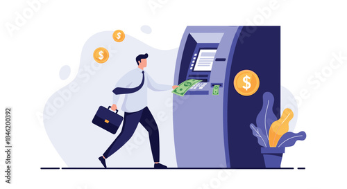A busy businessman quickly withdraws cash from an ATM machine, illustrating convenient financial transactions and easy access to money.