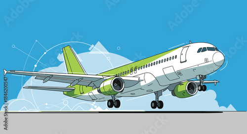 A stylized illustration of a green and white passenger airplane taking off from a runway under a clear blue sky with abstract technological lines.