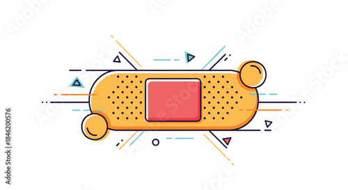 Stylish medical bandage illustration in a modern flat design, featuring a yellow plaster with a red pad and dynamic abstract lines.