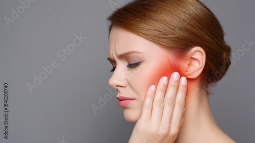 Young Caucasian woman grimacing from severe earache or jaw pain, indicated by a red inflamed area, against a neutral grey background.