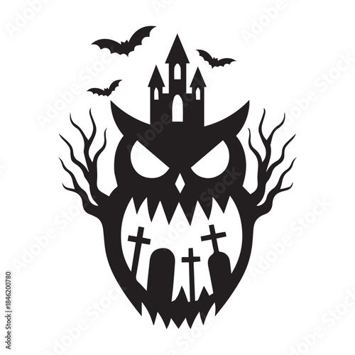 Spooky owl with haunted castle, flying bats, and a graveyard in its terrifying mouth
