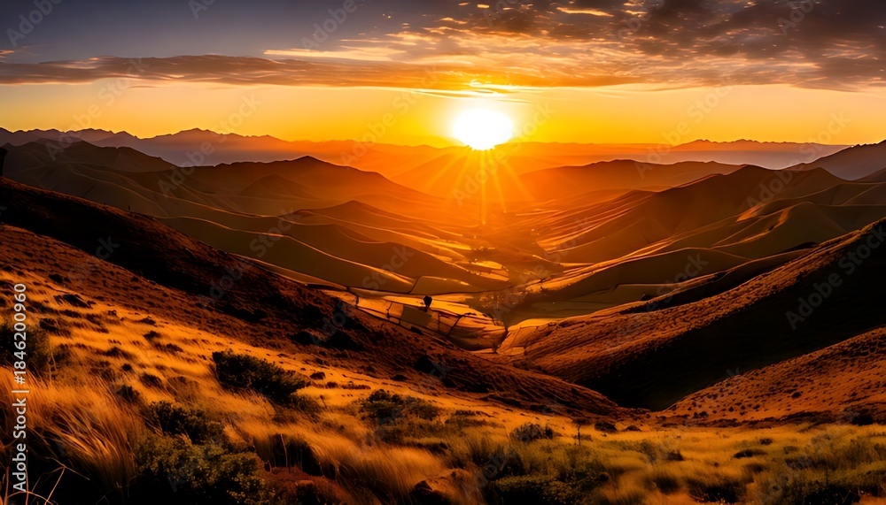 Naklejka premium A breathtaking landscape bathed in warm sunlight. Hilly terrain gives way to a valley that stretches to the horizon as the sun sets
