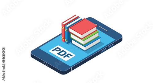 A smartphone displaying a stack of digital books and a PDF icon, symbolizing e-learning and portable document access.