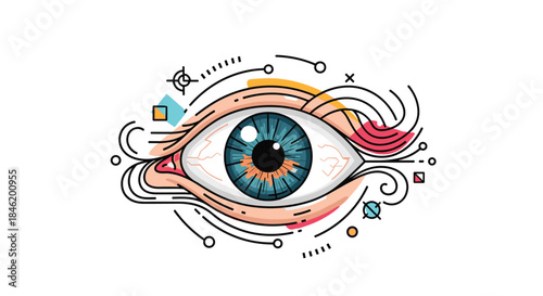 A detailed human eye with a vibrant blue iris, adorned with abstract lines and geometric shapes, symbolizing modern vision, technology, and futuristic design.