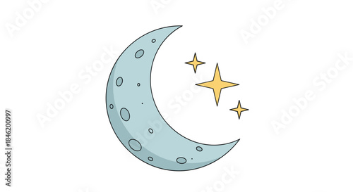 A charming cartoon illustration featuring a pale blue crescent moon with small craters, accompanied by three twinkling yellow stars.