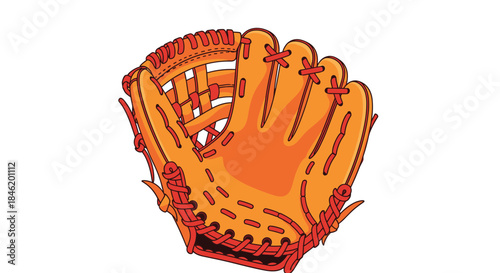 A graphic illustration of an orange baseball glove with red laces, a classic piece of equipment for playing baseball and softball.
