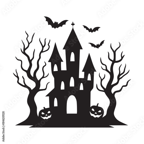 Spooky halloween castle silhouette with bare trees, flying bats, and grinning jack-o'-lanterns