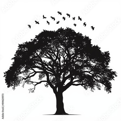 Silhouette of a large oak tree with a flock of birds flying above