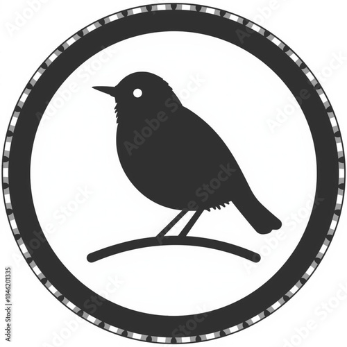 Black silhouette of a small bird perched on a branch inside a decorative circle