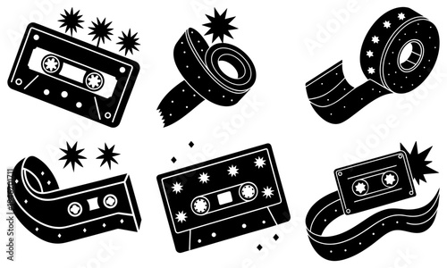 Five Black Cassette Tapes with Stars and Dynamic Motion on White Background