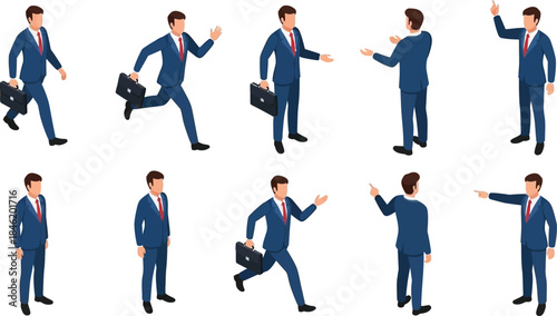Collection of Isometric Businessmen Poses with Briefcases in Various Actions