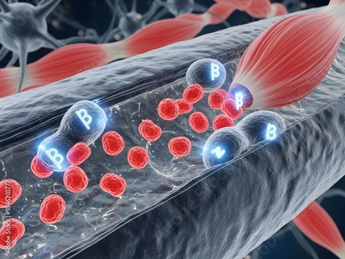 Detailed 3D render of adrenaline (epinephrine) binding to beta-adrenergic receptors (β1, β2, β3) on neurons and muscle cells. The interaction triggers an increase in heart rate and smooth muscle relax