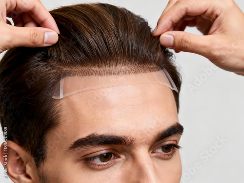 Man receiving hair restoration treatment with hair patch applied  