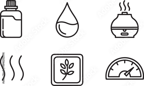 Aromatherapy and Wellness Icons Set Keywords: icons, set, aromatherapy, wellness, essential oil bottle, dropper, water drop, humidifier, steam