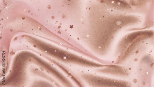 A flowing, iridescent fabric in rose gold hue, adorned with scattered glitter and stars