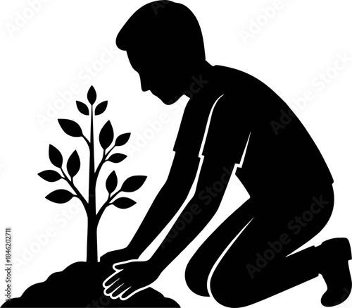 Planting Tree Silhouette Vector. Person Kneeling and Planting Sapling for Reforestation Concept Isolated on White