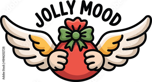 Cartoon winged gift bag with text Jolly Mood on white background wings present