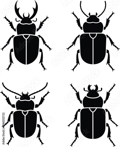 Vector black silhouettes set of four detailed species of beetles, featuring stag beetles and longhorn beetles, isolated on a clean white background for nature projects.