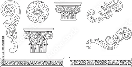 Decorative architectural elements and borders in classical style line art Keywords: architectural, elements, borders, classical, design, ornament