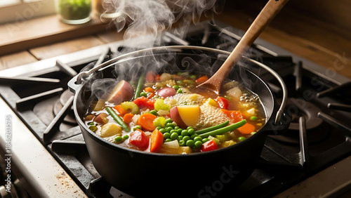 Fototapeta Naklejka Na Ścianę i Meble -  Steaming Pot of Fresh Vegetables Soup Cooking on Gas Stove