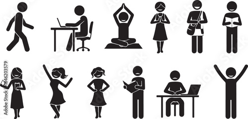 Diverse Stick Figure People Poses and Activities Set Keywords: stick figure, people, icons, set, walking, working, laptop, desk, chair, yoga