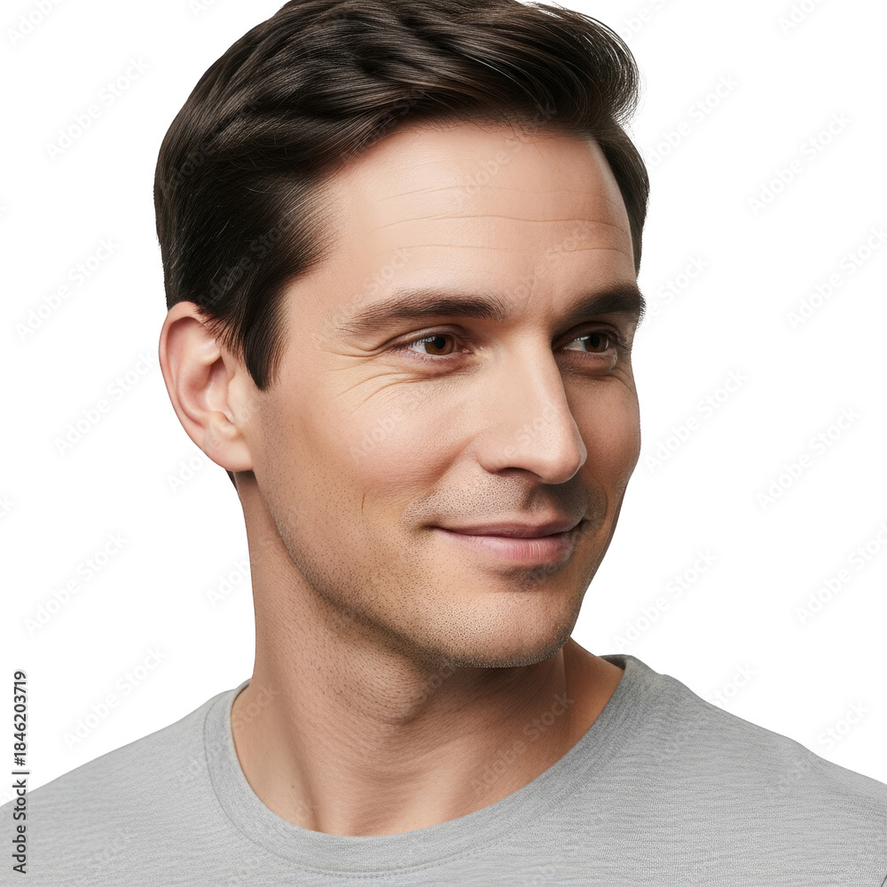 Obraz premium Portrait of a smiling young man with brown hair and grey t-shirt on black background