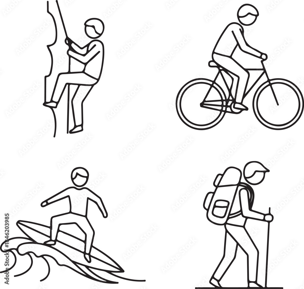 Fototapeta premium Set of four outdoor adventure icons in outline style Keywords: rock climbing, mountain climber, cycling, bicycle, surfer, surfing, waves, hiking