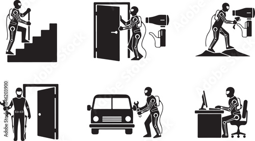 Robot Icons Depicting Various Tasks And Professions Keywords: robot, android, icon, set, illustration, drawing, silhouette, pictogram, simple