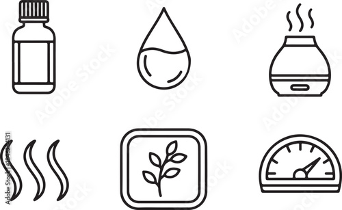 Set of six icons related to aromatherapy and wellness symbol line art
