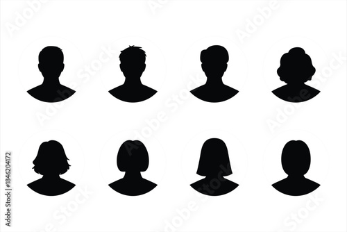 Eight black silhouette headshot icons within white circles for user profiles avatar