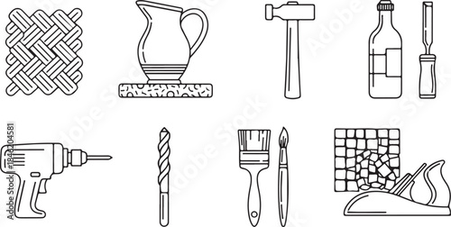 Tools and Craftsmanship Icons Set Line Art woven pattern pitcher