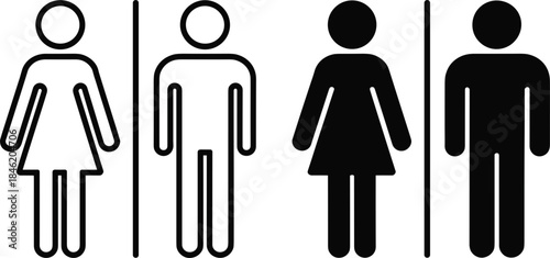 Male and female restroom icons in outline and solid black toilet bathroom