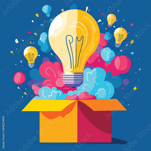Think outside the box concept illustration with bold imaginative design and limitless idea generation , vector style simple color