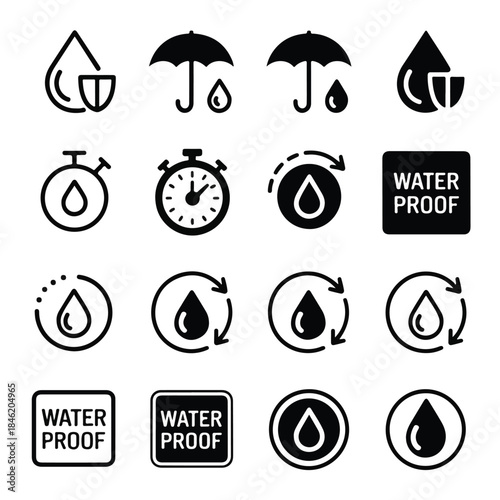 Waterproof & Water Resistance Vector Icon Set (Outline & Solid)
