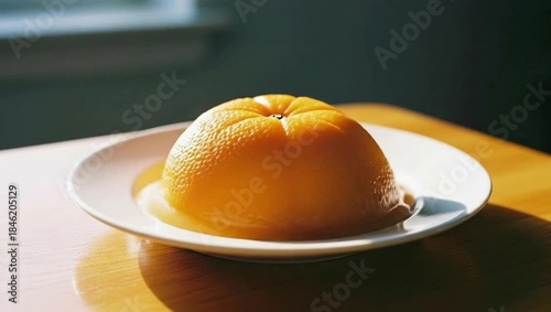 Hand placing a whole orange on a white plate with natural light.