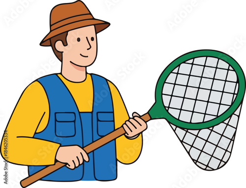 Flat vector illustration of a fisherman holding a fishing net. Fishing and outdoor profession concept in simple cartoon style, suitable for seafood industry, hobby fishing, coastal life, and nature
