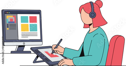 Flat vector illustration of a female graphic designer wearing headphones working on a computer with a drawing tablet. Creative digital profession concept in simple cartoon style, perfect for design st
