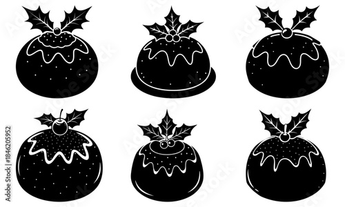 Six Christmas Puddings with Holly Decorations on White Background festive holiday