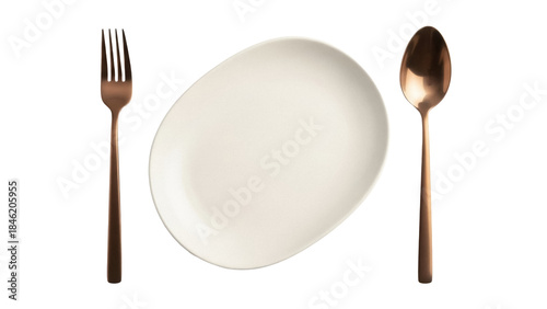 Elegant copper fork, plate, and spoon isolated PNG, modern tableware set for dining and kitchen design on transparent background